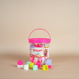 مجموعة مكعبات بناء تعليمية كبيرة في دلو باللون الوردي، 55 قطعة.