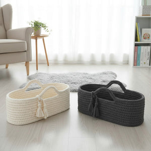 سلة موسى للأطفال مصنوعة يدويًا من القطن بمقابض وقاعدة خشبية - 78×43×27 سم