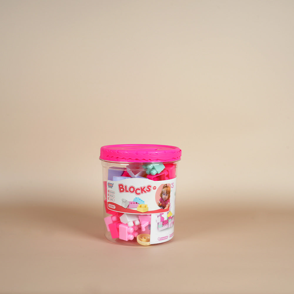 مجموعة مكعبات بناء تعليمية كبيرة في دلو باللون الوردي، 55 قطعة.