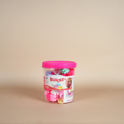 مجموعة مكعبات بناء تعليمية كبيرة في دلو باللون الوردي، 55 قطعة.