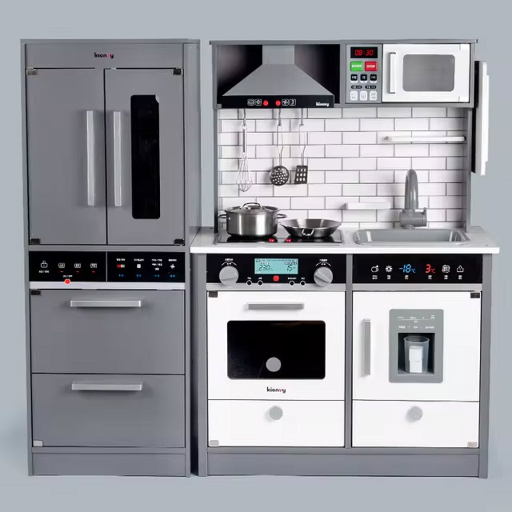 ألعاب المطبخ، مجموعة لعب مطبخ الأطفال، مجموعة طبخ مع ثلاجة كبيرة باللونين الأبيض والرمادي