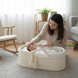 سلة موسى للأطفال مصنوعة يدويًا من القطن بمقابض وقاعدة خشبية - 78×43×27 سم